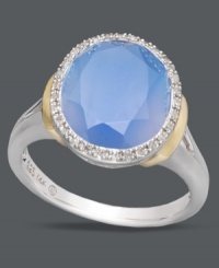 Bold in blue. Turn heads in this statement-making style that features round-cut blue agate (3-5/8 ct. t.w.) surrounded by round-cut diamonds (1/10 ct. t.w.). Crafted in sterling silver with 14k gold accents at the sides. Size 7. Bold in blue. Turn heads in this statement-making style that features round-cut blue agate (3-5/8 ct. t.w.) surrounded by round-cut diamonds (1/10 ct. t.w.). Crafted in sterling silver with 14k gold accents at the sides. Size 7.