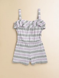 Stripes and ruffles add girly pizazz to a cute and cozy one-piece outfit.Ruffled elastic necklineSleevelessPull-on styleElastic waist96% rayon/4% spandexMachine washImported Stripes and ruffles add girly pizazz to a cute and cozy one-piece outfit.Ruffled elastic necklineSleevelessPull-on styleElastic waist96% rayon/4% spandexMachine washImported