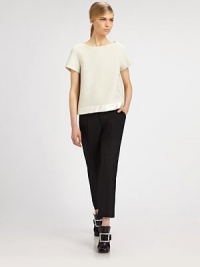 A wide band of satin at the hemline anchors this boxy, textural silhouette.Jewel necklineShort raglan sleevesSatin trim60% wool/30% cashmere/7% angora/3% lycraDry cleanMade in USA of imported fabricModel shown is 5'9½ (176cm) wearing US size 4. A wide band of satin at the hemline anchors this boxy, textural silhouette.Jewel necklineShort raglan sleevesSatin trim60% wool/30% cashmere/7% angora/3% lycraDry cleanMade in USA of imported fabricModel shown is 5'9½ (176cm) wearing US size 4.