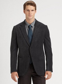 Classic two-button blazer with notched lapels and a rich patterned finish.Button-frontChest welt, waist patch pocketsRear vents67% viscose/23% microfiber/10% cottonDry cleanImported Classic two-button blazer with notched lapels and a rich patterned finish.Button-frontChest welt, waist patch pocketsRear vents67% viscose/23% microfiber/10% cottonDry cleanImported