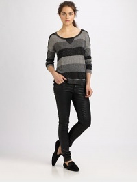 Bold, colorblock striping takes on a metallic sheen in this soft boatneck pullover.BoatneckDropped shouldersPullover styleAbout 24 from shoulder to hem93% rayon/7% lurexHand washMade in USAModel shown is 5'9½ (176cm) wearing US size Small. Bold, colorblock striping takes on a metallic sheen in this soft boatneck pullover.BoatneckDropped shouldersPullover styleAbout 24 from shoulder to hem93% rayon/7% lurexHand washMade in USAModel shown is 5'9½ (176cm) wearing US size Small.