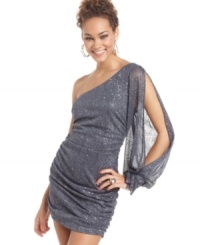 Mix it up with Teeze Me's ruched dress. A single sleeve is split down the middle, while the metallic-flecked fabric sparkles like the night sky. Mix it up with Teeze Me's ruched dress. A single sleeve is split down the middle, while the metallic-flecked fabric sparkles like the night sky.