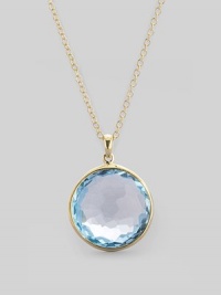 From the Lollipop Collection. A beautiful faceted blue topaz, set in 18k yellow gold, dangles from a delicate 18k gold chain. Blue topaz 18k yellow gold Chain adjusts from about 16 to 18 Pendant diameter, about ¾ Spring ring clasp Imported