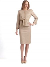 This structured piece with tonal topstitching and textured ribbon trim is at once feminine and versatile.Roundneck Long sleeves with topstitched texture-trimmed cuffs Concealed snap front placket with topstitched texture-trimmed cuffs Seam details, front and back Topstitched, textured self belt ties at the waist About 21 from shoulder to hem Fully lined 94% virgin wool/6% polyamide Dry clean Made in Italy This structured piece with tonal topstitching and textured ribbon trim is at once feminine and versatile.Roundneck Long sleeves with topstitched texture-trimmed cuffs Concealed snap front placket with topstitched texture-trimmed cuffs Seam details, front and back Topstitched, textured self belt ties at the waist About 21 from shoulder to hem Fully lined 94% virgin wool/6% polyamide Dry clean Made in Italy
