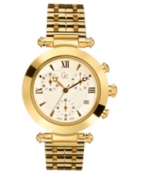 Elegance combines with luxury in this midsize chronograph watch by Gc Swiss Made Timepieces. Polished goldtone stainless steel case and bracelet. Guilloche textured chronograph dial. Screw-down crown with hidden butterfly closure. Swiss made. Swiss quartz movement. Water resistant to 100 meters. Ten-year limited warranty. Luxury Gc gift box packaging included. Elegance combines with luxury in this midsize chronograph watch by Gc Swiss Made Timepieces. Polished goldtone stainless steel case and bracelet. Guilloche textured chronograph dial. Screw-down crown with hidden butterfly closure. Swiss made. Swiss quartz movement. Water resistant to 100 meters. Ten-year limited warranty. Luxury Gc gift box packaging included.