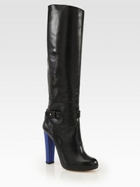 A bright-colored heel revitalizes this tall leather silhouette. Rubber heel, 4¾ (120mm)Shaft, 17½Leg circumference, 13½Leather upperPull-on style and ankle strap with a metal-tab closureLeather lining and solePadded insoleMade in Italy A bright-colored heel revitalizes this tall leather silhouette. Rubber heel, 4¾ (120mm)Shaft, 17½Leg circumference, 13½Leather upperPull-on style and ankle strap with a metal-tab closureLeather lining and solePadded insoleMade in Italy