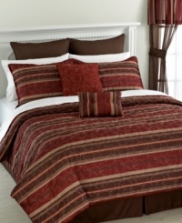 Line up. Horizontal stripes with luxe leaf embroidery render a sophisticated look for your space in this Brookside comforter set. A earthy red and brown palette and an expansive collection of components finish the look. Line up. Horizontal stripes with luxe leaf embroidery render a sophisticated look for your space in this Brookside comforter set. A earthy red and brown palette and an expansive collection of components finish the look.