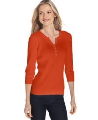Mini cable-knit adds texture to Karen Scott's henley-style sweater. Pair it with anything from jeans to skirts for a classic ensemble. Mini cable-knit adds texture to Karen Scott's henley-style sweater. Pair it with anything from jeans to skirts for a classic ensemble.