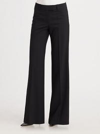 THE LOOKWide waistband with belt loopsFlat-front styleFront zipperWide-leg silhouetteTHE FITRise, about 9Inseam, about 35THE MATERIAL96% virgin wool/4% elastaneCARE & ORIGINDry cleanImported