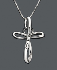 The words Love is Eternal will be a constant reminder of your faith. This unique sterling silver cross pendant features a loop design with a center heart cross. Approximate length: 18 inches. Approximate drop: 1-1/4 inches. The words Love is Eternal will be a constant reminder of your faith. This unique sterling silver cross pendant features a loop design with a center heart cross. Approximate length: 18 inches. Approximate drop: 1-1/4 inches.