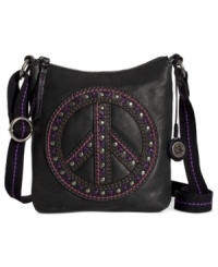 Peace out with this too-cool-for-school crossbody that revisits '70s flower power fashion. Soft leather is embellished with stud and stitched peace symbol, for a modern take on a blast from the past. Peace out with this too-cool-for-school crossbody that revisits '70s flower power fashion. Soft leather is embellished with stud and stitched peace symbol, for a modern take on a blast from the past.