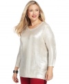 It's your time to shine in Jones New York Signature's three-quarter-sleeve plus size sweater, featuring a metallic finish.