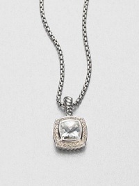 From the Petite Albion Collection. A beautifully faceted square white topaz surrounded in dazzling diamond set in sterling silver on a box link chain. White topazDiamonds, .18 tcwSterling silverLength, about 17Pendant size, about .25Lobster clasp closureImported From the Petite Albion Collection. A beautifully faceted square white topaz surrounded in dazzling diamond set in sterling silver on a box link chain. White topazDiamonds, .18 tcwSterling silverLength, about 17Pendant size, about .25Lobster clasp closureImported
