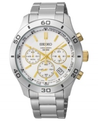 Make every second count in this accurate chronograph watch with hints of golden color, by Seiko. Make every second count in this accurate chronograph watch with hints of golden color, by Seiko.