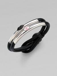 An edgy style with supple leather cords and stainless steel encasements accented with enamel lip and eye. Leather cordStainless steelEnamelDiameter, about 7¾Slip knot closureMade in Italy An edgy style with supple leather cords and stainless steel encasements accented with enamel lip and eye. Leather cordStainless steelEnamelDiameter, about 7¾Slip knot closureMade in Italy