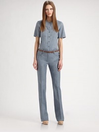 Relaxed denim in the perfect pale wash, tailored with inverted seams, patch pockets, and a feminine neckline.Jewel necklineButton frontShort sleeves with vented cuffsPatch pocketsInverted front and back seamsAbout 25 from shoulder to hemCottonDry cleanImported of Italian fabricModel shown is 5'9½ (176cm) wearing US size 4. Relaxed denim in the perfect pale wash, tailored with inverted seams, patch pockets, and a feminine neckline.Jewel necklineButton frontShort sleeves with vented cuffsPatch pocketsInverted front and back seamsAbout 25 from shoulder to hemCottonDry cleanImported of Italian fabricModel shown is 5'9½ (176cm) wearing US size 4.