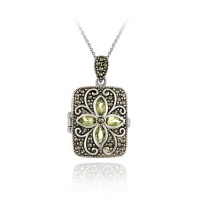 Sterling Silver Marcasite & Peridot Flower Locket Pendant Sterling Silver Marcasite & Peridot Flower Locket Pendant