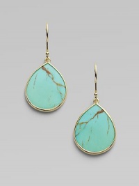 The natural beauty of turquoise, elegantly framed in a slender setting of 18k gold. Turquoise 18k yellow gold Drop, about 1 Ear wire ImportedPlease note: Due to the characteristics of natural stone, color and pattern may vary slightly. The natural beauty of turquoise, elegantly framed in a slender setting of 18k gold. Turquoise 18k yellow gold Drop, about 1 Ear wire ImportedPlease note: Due to the characteristics of natural stone, color and pattern may vary slightly.