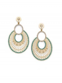 THE LOOKOval silhouetteTurquoise and white crystal stone accentsFiligree designGoldplated brass settingPost backTHE MEASUREMENTWidth, about 1¾Length, about 2½ORIGINImported THE LOOKOval silhouetteTurquoise and white crystal stone accentsFiligree designGoldplated brass settingPost backTHE MEASUREMENTWidth, about 1¾Length, about 2½ORIGINImported
