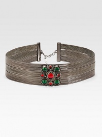 This luxurious chain style is embellished with a colorful glass cabochon detail.Back clasp buckleAbout 2 wideMetalMade in USA This luxurious chain style is embellished with a colorful glass cabochon detail.Back clasp buckleAbout 2 wideMetalMade in USA
