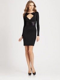 This sleek, evening-perfect design features supple satin insets and a sexy cutout front.Jewel necklineFront cutout with button closureCrossover bodiceLong sleeves with button cuffsSatin insetsConcealed side zipAbout 21 from natural waistRayon/nylon/spandexDry cleanImportedModel shown is 5'10 (177cm) wearing US size 4. This sleek, evening-perfect design features supple satin insets and a sexy cutout front.Jewel necklineFront cutout with button closureCrossover bodiceLong sleeves with button cuffsSatin insetsConcealed side zipAbout 21 from natural waistRayon/nylon/spandexDry cleanImportedModel shown is 5'10 (177cm) wearing US size 4.