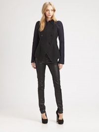 A polished fusion of unconventional detailing defines this wool-rich cutaway peacoat with contrast trim. Notched necklineLong pouf sleevesDouble-breasted button frontBack peplum hemOverlapping back panelingExposed back zipperFully linedAbout 18 from natural waistFully lined80% wool/20% nylonDry cleanImportedModel shown is 5'9 (176cm) wearing US size 4. A polished fusion of unconventional detailing defines this wool-rich cutaway peacoat with contrast trim. Notched necklineLong pouf sleevesDouble-breasted button frontBack peplum hemOverlapping back panelingExposed back zipperFully linedAbout 18 from natural waistFully lined80% wool/20% nylonDry cleanImportedModel shown is 5'9 (176cm) wearing US size 4.