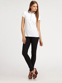 A gathered check collar softens this sporty style. Metal button closure Slightly puff sleeves About 25 from shoulder to hem Cotton/elastene; machine wash Imported A gathered check collar softens this sporty style. Metal button closure Slightly puff sleeves About 25 from shoulder to hem Cotton/elastene; machine wash Imported