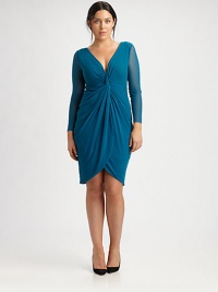 Designed to flatter your curves, this beyond-feminine dress features a twisted front and gathered details you'll love.V-necklineSheer sleevesTwisted frontTulip skirtAbout 28 from natural waistPolyamideDry cleanMade in Italy Designed to flatter your curves, this beyond-feminine dress features a twisted front and gathered details you'll love.V-necklineSheer sleevesTwisted frontTulip skirtAbout 28 from natural waistPolyamideDry cleanMade in Italy