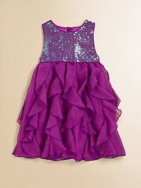A sequin-adorned bodice combines with a chiffon ruffle skirt for a dress that's ultimately fabulous.Mesh bodice embellished with sequinsSleevelessCascading self ruffles trim the chiffon skirtBack zipperPolyesterMachine washImported A sequin-adorned bodice combines with a chiffon ruffle skirt for a dress that's ultimately fabulous.Mesh bodice embellished with sequinsSleevelessCascading self ruffles trim the chiffon skirtBack zipperPolyesterMachine washImported