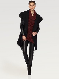 An oversized collar and sleek leather sleeves define this trend-worthy felt design. Oversized, fold-over collarLong leather sleevesButton frontFront slash pocketsAbout 36 from shoulder to hemBody: 49% linen/49% wool/2% cottonDry cleanImported of Italian fabricModel shown is 5'10 (177cm) wearing US size Small. An oversized collar and sleek leather sleeves define this trend-worthy felt design. Oversized, fold-over collarLong leather sleevesButton frontFront slash pocketsAbout 36 from shoulder to hemBody: 49% linen/49% wool/2% cottonDry cleanImported of Italian fabricModel shown is 5'10 (177cm) wearing US size Small.