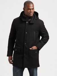 A dynamic outerwear selection to keep you stylishly warm all winter long, this piece exudes masculine cool, crafted in water- resistant wool with a removable hood, down-filled nylon bib and a sleek leather trim.Button-frontRemovable hoodChest welt, waist flap pocketsAbout 34 from shoulder to hemNylon bibDown fill60% wool/22% polyester/8% rayon/6% acrylic/4% nylonDry cleanImported A dynamic outerwear selection to keep you stylishly warm all winter long, this piece exudes masculine cool, crafted in water- resistant wool with a removable hood, down-filled nylon bib and a sleek leather trim.Button-frontRemovable hoodChest welt, waist flap pocketsAbout 34 from shoulder to hemNylon bibDown fill60% wool/22% polyester/8% rayon/6% acrylic/4% nylonDry cleanImported