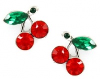 Small Silver Plated Red and Green Crystal Juicy Cherry Charm Stud Earrings
