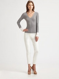 This rib-knit wool style features contrast cuffs, for an on-trend colorblock effect.V necklineContrast cuffsWoolDry cleanMade in SwitzerlandModel shown is 5'10 (177cm) wearing US size 4. This rib-knit wool style features contrast cuffs, for an on-trend colorblock effect.V necklineContrast cuffsWoolDry cleanMade in SwitzerlandModel shown is 5'10 (177cm) wearing US size 4.