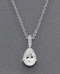 Add a little icing to your neckline with this sparkling drop necklace by CRISLU. Necklace features a pear-cut cubic zirconia (2 ct. t.w.) set in platinum over sterling silver. Approximate length: 18 inches. Approximate drop: 3/4 inch.