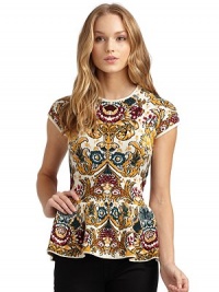 THE LOOKAllover intricate baroque printPleated peplumTHE FITAbout 25 form shoulder to hemTHE MATERIALViscose/nylonCARE & ORIGINHand washImportedModel shown is 5'8 (172½cm) wearing US size Small. THE LOOKAllover intricate baroque printPleated peplumTHE FITAbout 25 form shoulder to hemTHE MATERIALViscose/nylonCARE & ORIGINHand washImportedModel shown is 5'8 (172½cm) wearing US size Small.