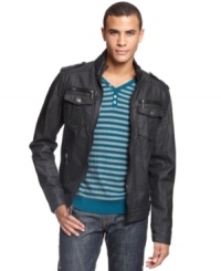 Moto style meets jean jacket: Cropped jacket in coated denim from X-Ray, with zip up front closure, epaulets, and decorative hardare. Moto style meets jean jacket: Cropped jacket in coated denim from X-Ray, with zip up front closure, epaulets, and decorative hardare.