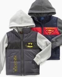 Attached sleeve and hooded vest on these superhero hoodies will keep him warm in the cooler temperatures. Attached sleeve and hooded vest on these superhero hoodies will keep him warm in the cooler temperatures.