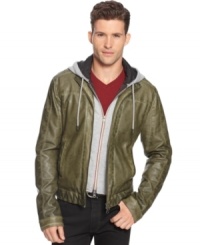 Armani Jeans gives you the look of layers-without the bulk-by designing this faux leather bomber jacket with a detachable hood in a contrast fabric. Armani Jeans gives you the look of layers-without the bulk-by designing this faux leather bomber jacket with a detachable hood in a contrast fabric.
