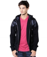With unique faux leather overlay, this Marc Ecko Cut & Sew hoodie is cool style all around. With unique faux leather overlay, this Marc Ecko Cut & Sew hoodie is cool style all around.