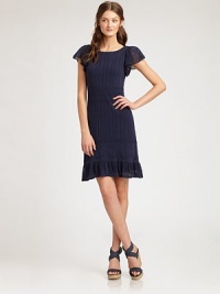 A chic, body-conscious dress featuring flirty, ruffle sleeves and intricately knit details.Round neckRuffle sleevesPull-on styleFully linedAbout 20 from natural waistCottonHand washImported Model shown is 5'10 (177cm) wearing US size Small. A chic, body-conscious dress featuring flirty, ruffle sleeves and intricately knit details.Round neckRuffle sleevesPull-on styleFully linedAbout 20 from natural waistCottonHand washImported Model shown is 5'10 (177cm) wearing US size Small.