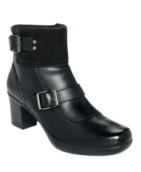 Such a chic little thing. Clarks' Scheme Quartz booties have buckled straps across the vamp and suave square toe.