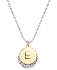 Letter perfection. This sterling silver necklace holds a pendant set in 14k gold and sterling silver plated topped with an E and adorned with crystal for a stunning statement. Approximate length: 18 inches. Approximate drop: 7/8 inch. Approximate drop width: 5/8 inch. Letter perfection. This sterling silver necklace holds a pendant set in 14k gold and sterling silver plated topped with an E and adorned with crystal for a stunning statement. Approximate length: 18 inches. Approximate drop: 7/8 inch. Approximate drop width: 5/8 inch.