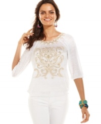 Golden embroidery adds a luxe touch to INC's petite peasant top! Pair with skirt, shorts or capris for effortless summer elegance. Golden embroidery adds a luxe touch to INC's petite peasant top! Pair with skirt, shorts or capris for effortless summer elegance.