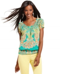 A paisley-print against a warm-weather color palette makes INC's petite top a real beauty! Pair it with colored jeans for an on-trend look. A paisley-print against a warm-weather color palette makes INC's petite top a real beauty! Pair it with colored jeans for an on-trend look.