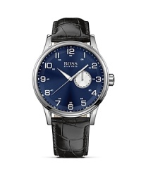 The HB 2006 Family is inspired from elegant and classic aviator timepieces. Features a blue dial and solid stainless steel case with a crocodile embossed black leather strap. The HB 2006 Family is inspired from elegant and classic aviator timepieces. Features a blue dial and solid stainless steel case with a crocodile embossed black leather strap.