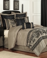 Dress up your bed with the beauty of intricate lace and an appeal that's nothing less than dramatic. The Lucile Lace comforter set brings elegance home with glamorous flocked lace and striking solid accents, all in a rich taupe-and-black palette. Dress up your bed with the beauty of intricate lace and an appeal that's nothing less than dramatic. The Lucile Lace comforter set brings elegance home with glamorous flocked lace and striking solid accents, all in a rich taupe-and-black palette.