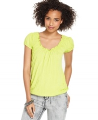 From the back straps that thread in and out, to the girlish cap sleeves, this peasant top from Belle Du Jour scores a ten on the cute scale! From the back straps that thread in and out, to the girlish cap sleeves, this peasant top from Belle Du Jour scores a ten on the cute scale!