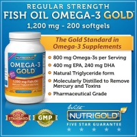 Fish Oil Omega-3 GOLD, Regular Strength, 1200mg, 200 Softgels (400mg Omega3s per Softgel)