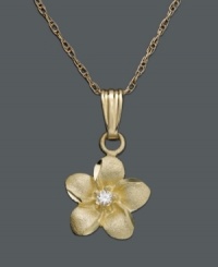 Perfect for a little princess, this intricate flower pendant features diamond accents set in 14k gold. Approximate length: 15 inches. Approximate drop: 1/2 inch. Perfect for a little princess, this intricate flower pendant features diamond accents set in 14k gold. Approximate length: 15 inches. Approximate drop: 1/2 inch.