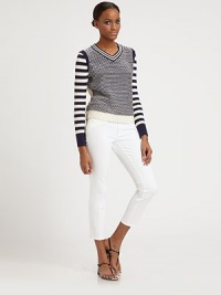 A casual-chic knit with a quintessential blend of textures and classic nautical hues.V-neckLong sleevesSolid trim along shoulders and hemAbout 22 from shoulder to hemCottonDry cleanImported Model shown is 5'9 (175cm) wearing US size Small. A casual-chic knit with a quintessential blend of textures and classic nautical hues.V-neckLong sleevesSolid trim along shoulders and hemAbout 22 from shoulder to hemCottonDry cleanImported Model shown is 5'9 (175cm) wearing US size Small.